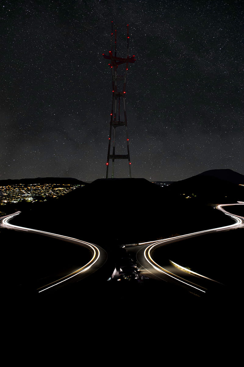 hill, tower, night, lights, road, dark, HD phone wallpaper