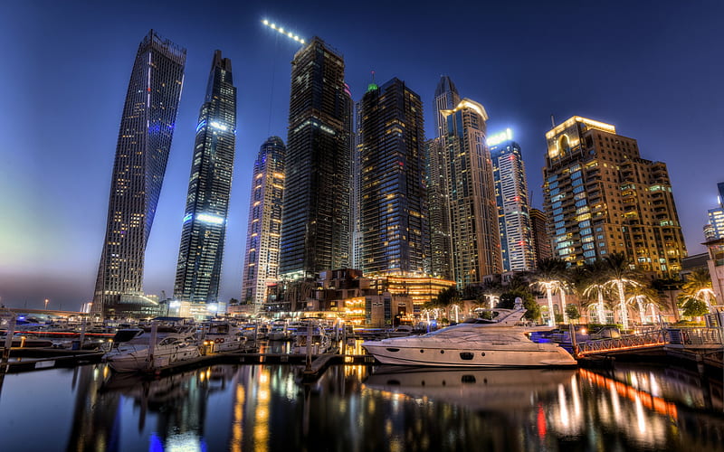 Dubai, skyscrapers, lights, night, modern architecture, skyline, UAE, HD wallpaper