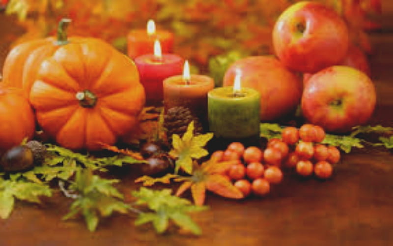 Pumpkins Candles and Apples, Apples, Candles, Berries, Pumpkins, Leaves, HD wallpaper