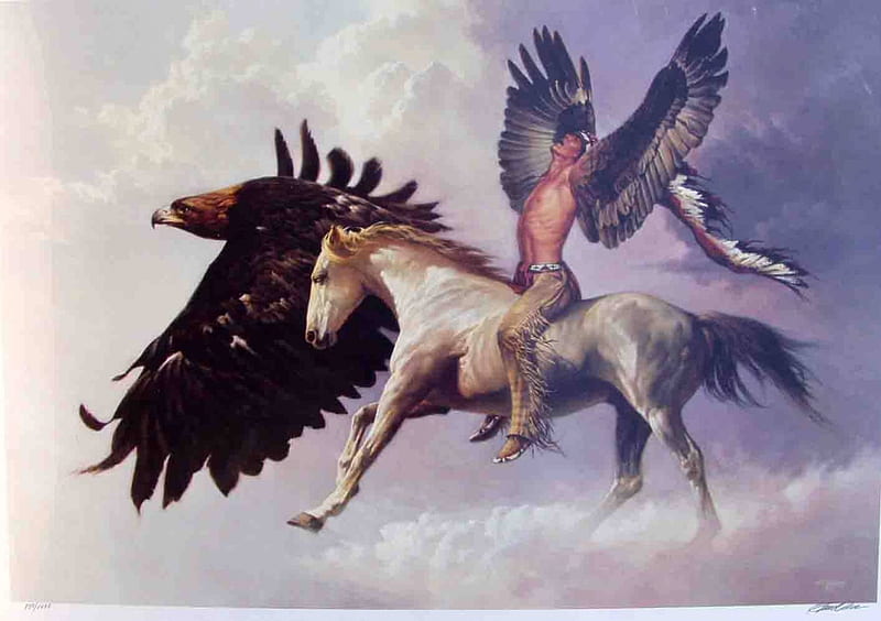 indian fantasy, wings, indian, flying, eagle, horse, HD wallpaper