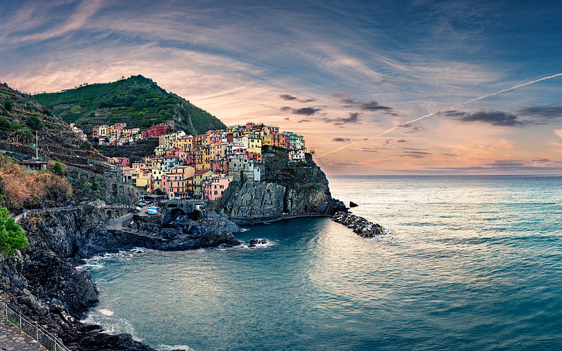 Manarola, Cinque Terre, Riomaggiore, evening, sunset, Ligurian coast, travel to Italy, seascape, Mountain landscape, La Spezia, Liguria, Italy, HD wallpaper