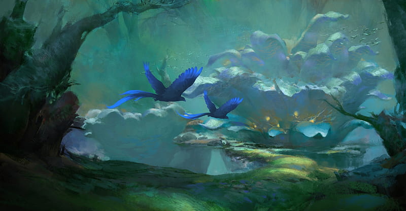 Blue birds, roman roland kuteynikov, art, fantasy, luminos, bird, flower, pasari, blue, jungle, HD wallpaper