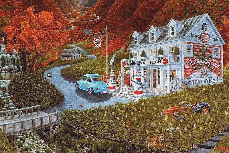 Mountain High, house, trees, artwork, bridge, car, painting, flowers, river, street, HD wallpaper