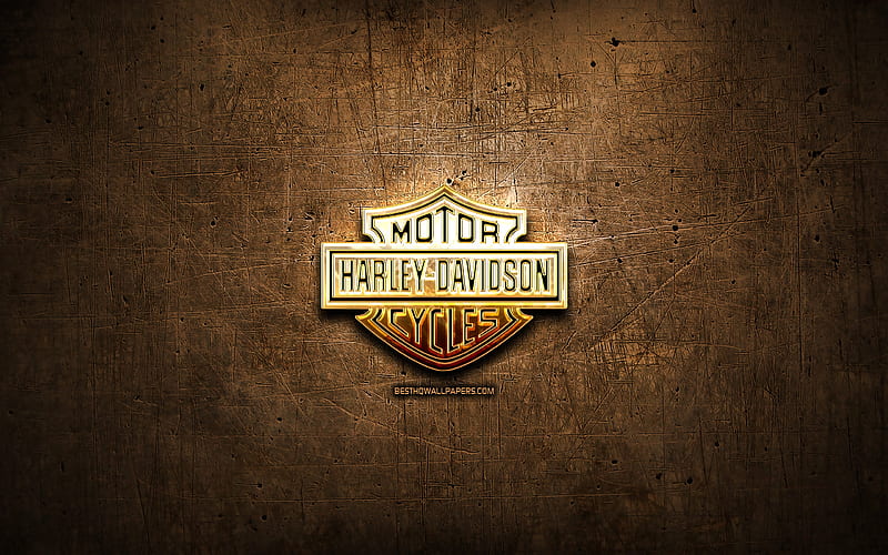 Harley-Davidson golden logo, motorcycles brands, artwork, brown metal background, creative, Harley-Davidson logo, brands, Harley-Davidson, HD wallpaper