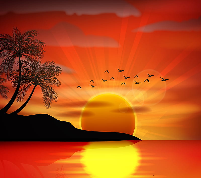 Sunset Beach, beach, ocean, paradise, reflection, sun, sunset, tropical, HD wallpaper