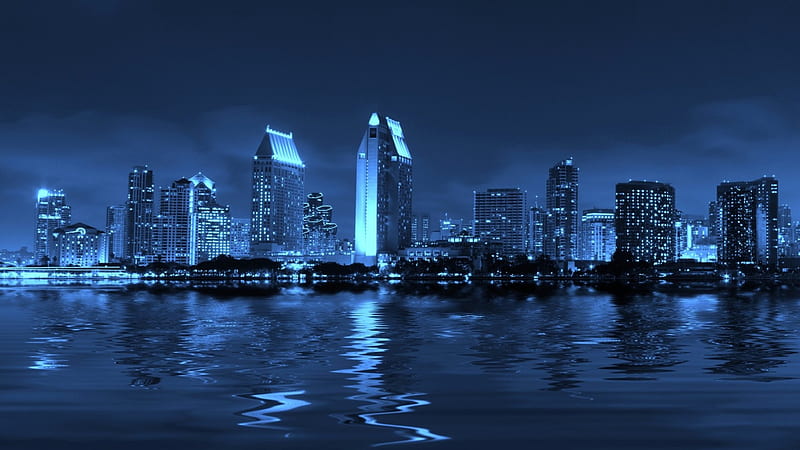 san diego waterfront in blue, city, waterfront, shimmer, bloe, skyscrapers, HD wallpaper