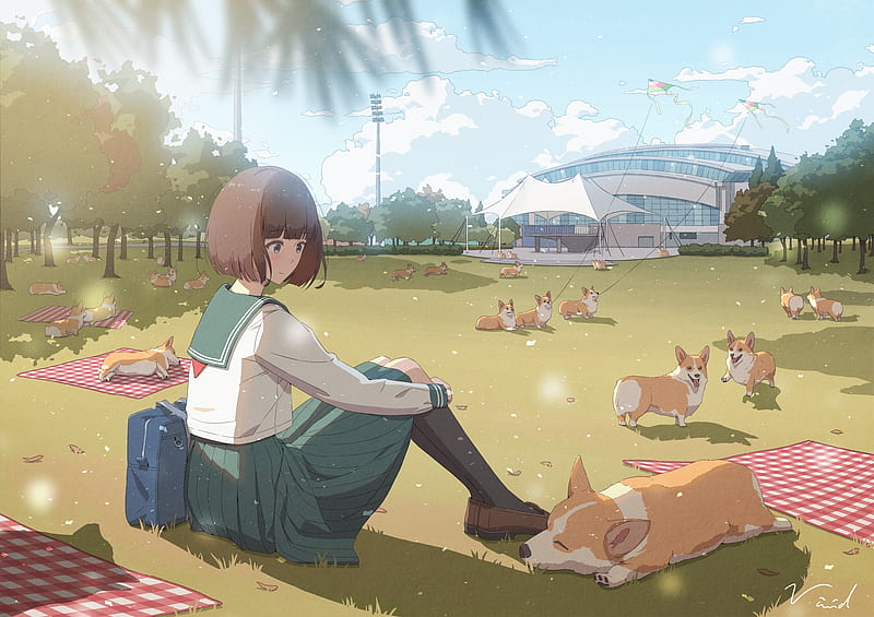 park, corgi dogs, anime school girl, short hair, school uniform, scenery, Anime, HD wallpaper