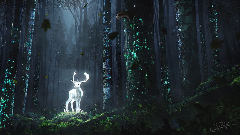 Forest spirit, tree, green, white, rocky schouten, horns, deer, forest, luminos, spirit, fantasy, HD wallpaper