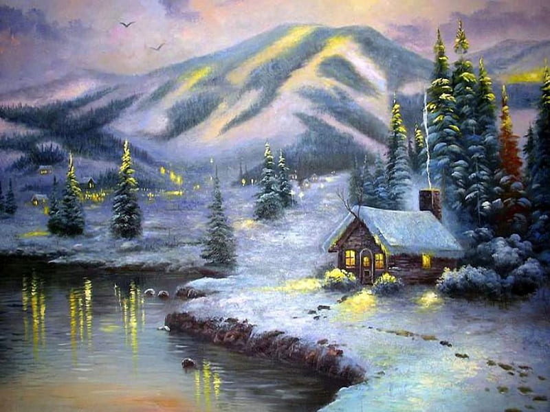 Long cold winter, mountain, colorful, lovely, splendor, cottage, bonito, lake, winter, HD wallpaper Long cold winter, mountain, colorful, lovely, splendor, cottage, bonito, lake, winter, HD wallpaper