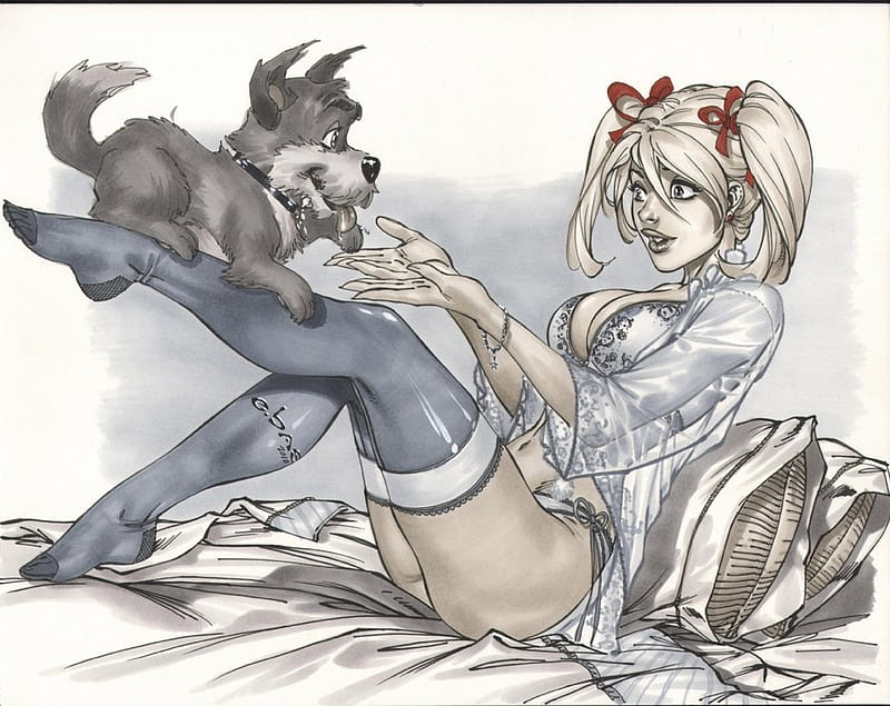 girl with dog, cute, hot, blue, dog, HD wallpaper