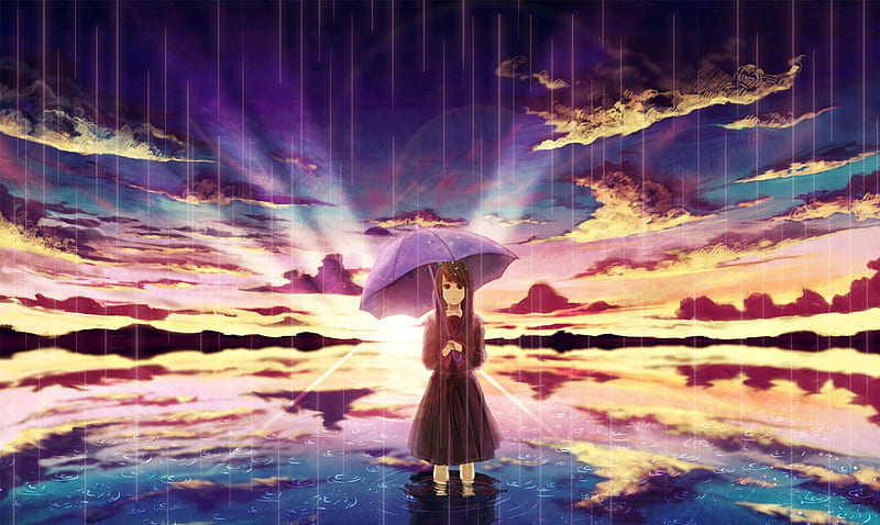 Crying Girl, tears, umbrella, anime girl, sunset, rain, school girl ...