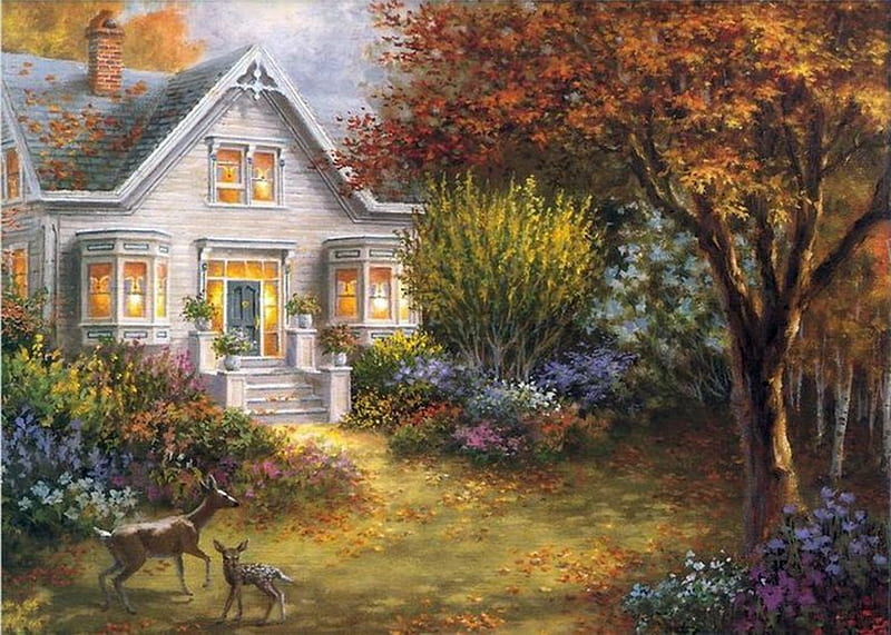 Storybook Cottage, Trees, Deer, Book, Grass, White, Story, Cottage, HD wallpaper
