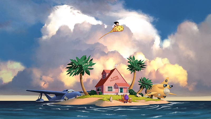 Anime, Dragon Ball, Goku, Master Roshi (Dragon Ball), Krillin (Dragon Ball), Flying Nimbus, Kame House, HD wallpaper