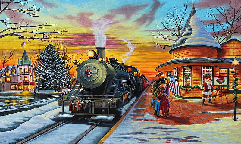 Home for Christmas, heartwarming, christmas, military, painting, sunset, famiky, colors, Winter, Train, welcoming, HD wallpaper