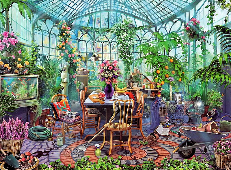 A Morning In The Glasshouse, table, plants, aquarium, chairs, painting, flowers, wheelbarrow, artwork, parrots, HD wallpaper