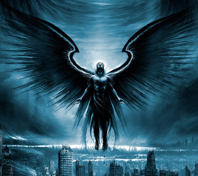 Fallen Angel, angel, blue, dark, fallen, wings, HD wallpaper