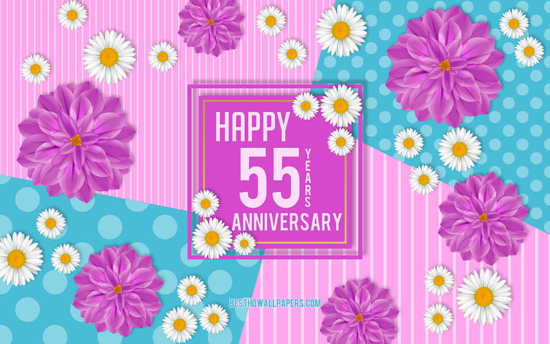 55 Years Anniversary, Spring Anniversary Background, Happy 55 Years Anniversary, Anniversary flowers background, 55th Anniversary sign, HD wallpaper