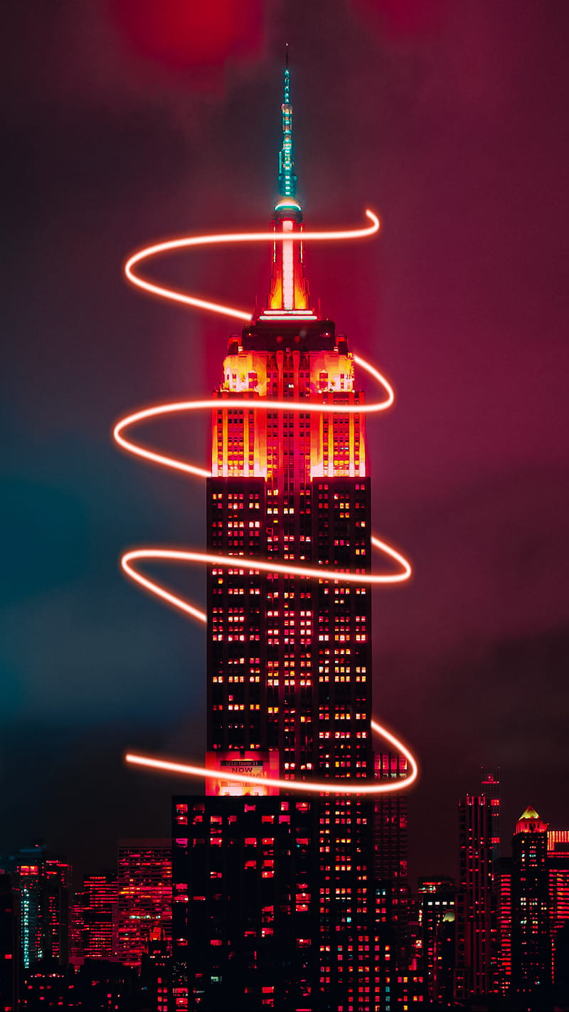 Neon Empire State , building, empire state building, night, red, HD phone wallpaper