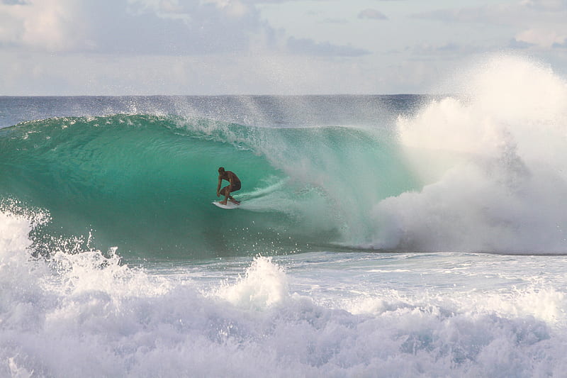 Man Riding Surfboard Under Sea Wave During Daytime Hd Wallpaper Peakpx