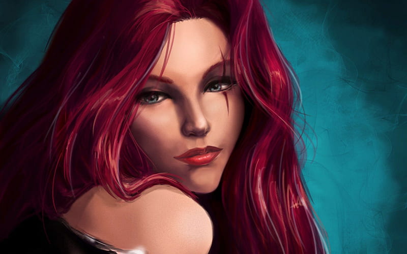 Katarina, art, fighter, redhead, game, woman, league of legends, fantasy, girl, face, blue, HD wallpaper