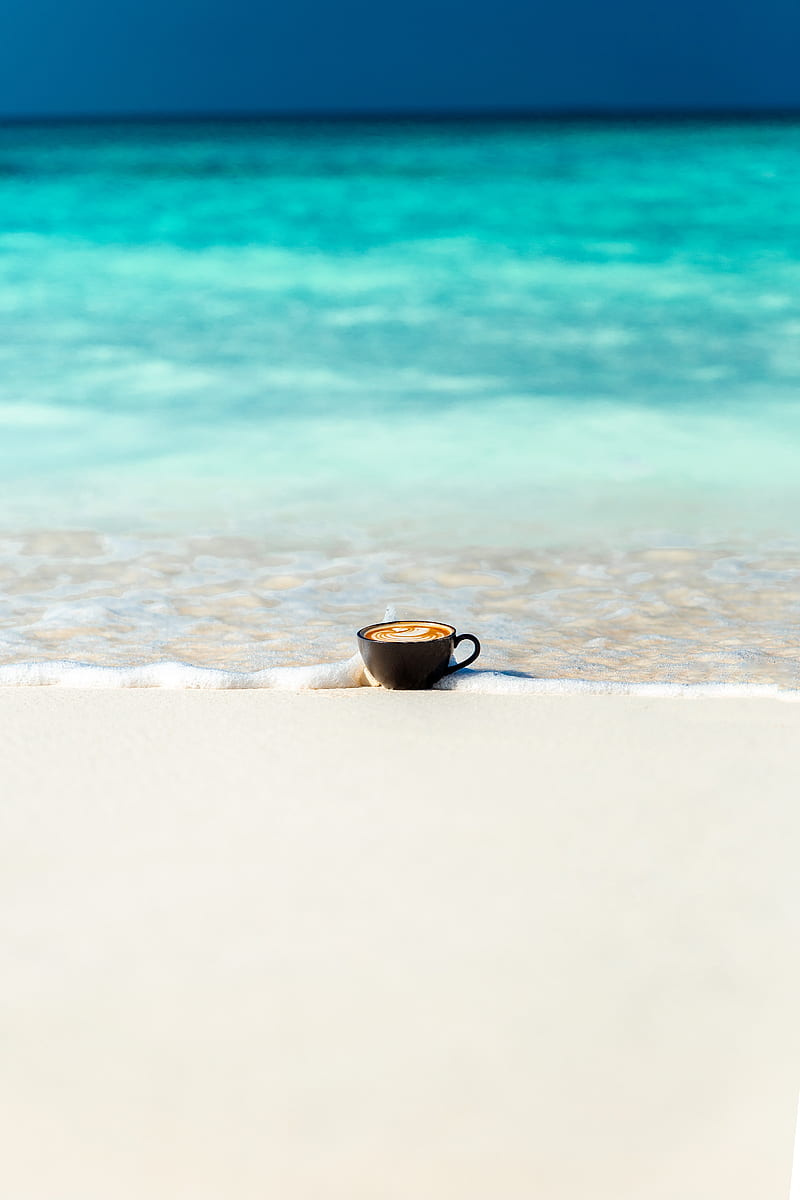 cup, ocean, sand, coast, minimalism, HD phone wallpaper