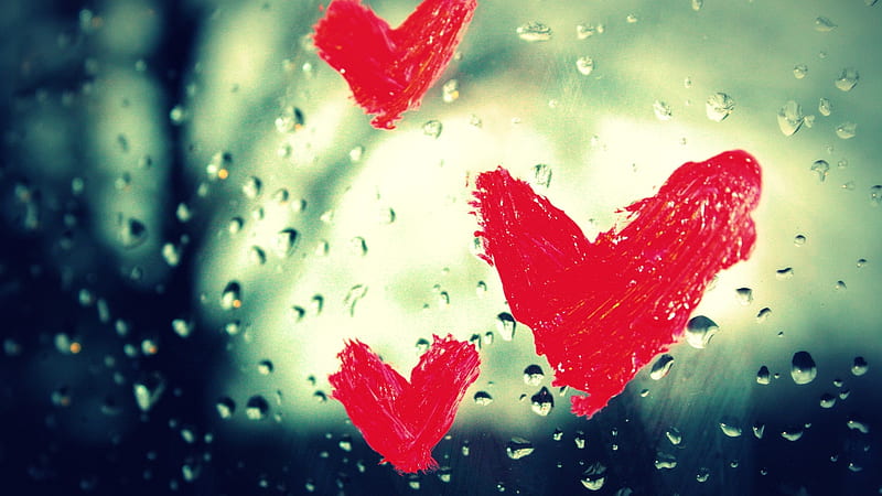 Lovely heart shapes, tinted, red, shapes, lovely, drops, glass, crimson, green, heart, rain, HD wallpaper
