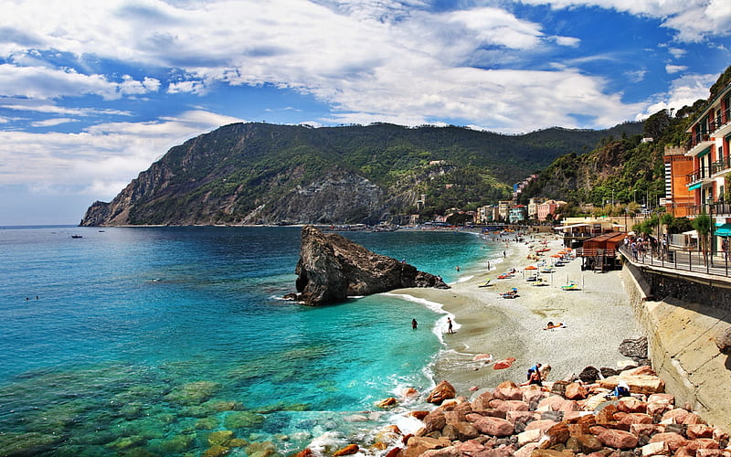 Mediterranean sea, beach, coast, resort, Italy, Monterosso al Mare, Cinque Terre, HD wallpaper