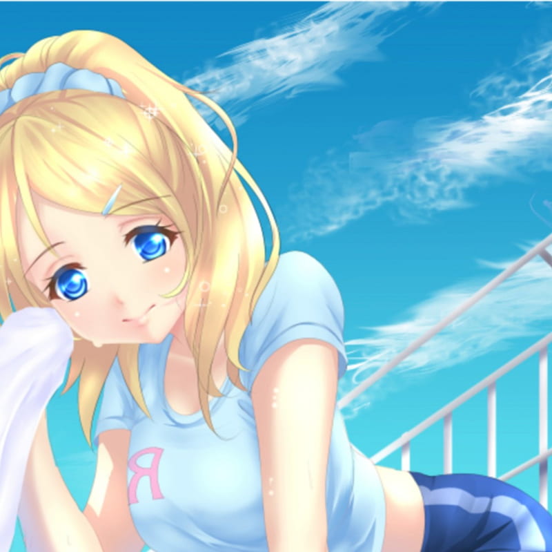 Sweat, fence, pretty, blond, bonito, towel, sweet, nice, anime, tower, jersey, beauty, anime girl, long hair, blue eyes, gorgeous, blue, shirt, wipe, female, lovely, blonde, smile, blonde hair, blond hair, cute, kawaii, girl, pant, awesome, lady, maiden, HD wallpaper
