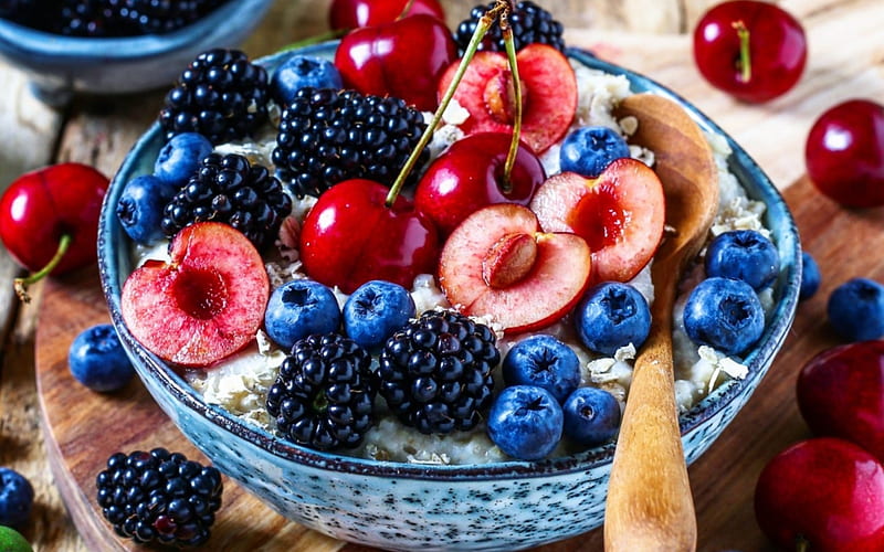 fruit, red, food, oatmeal, blue, dessert, sweet, HD wallpaper