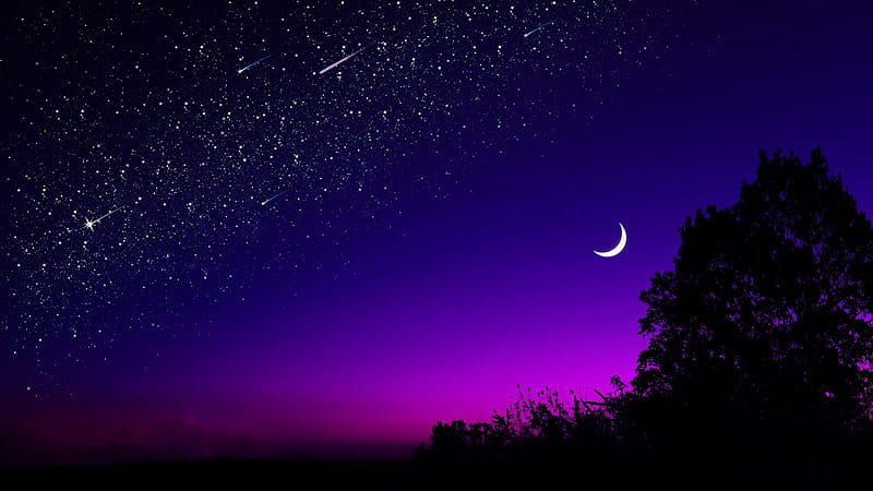 :), night, blue, stars, arya kratos, moon, moon, pink, HD wallpaper