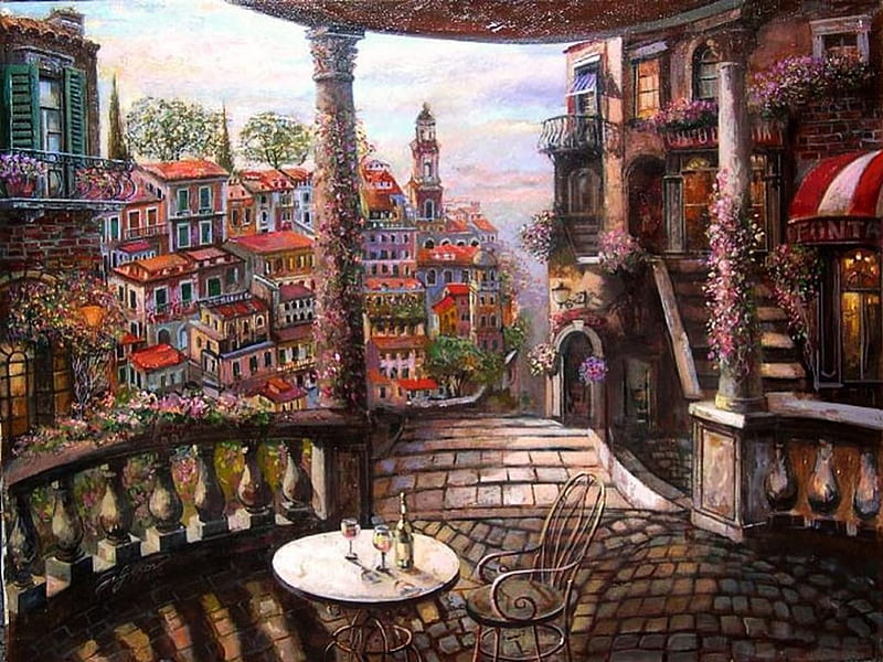 Place to Rest, table, wine, painting, village, stairs, chair, HD wallpaper