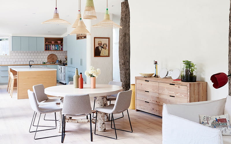 Modern British interior, wicker chandeliers, dining room, kitchen, modern interior design, HD wallpaper