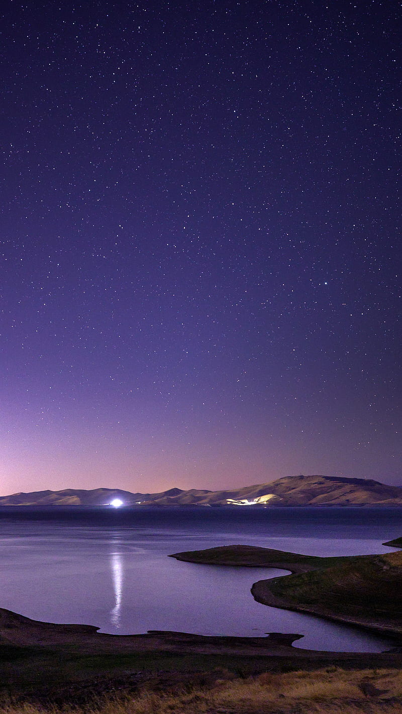 rocks, lake, night, starry sky, stars, HD phone wallpaper