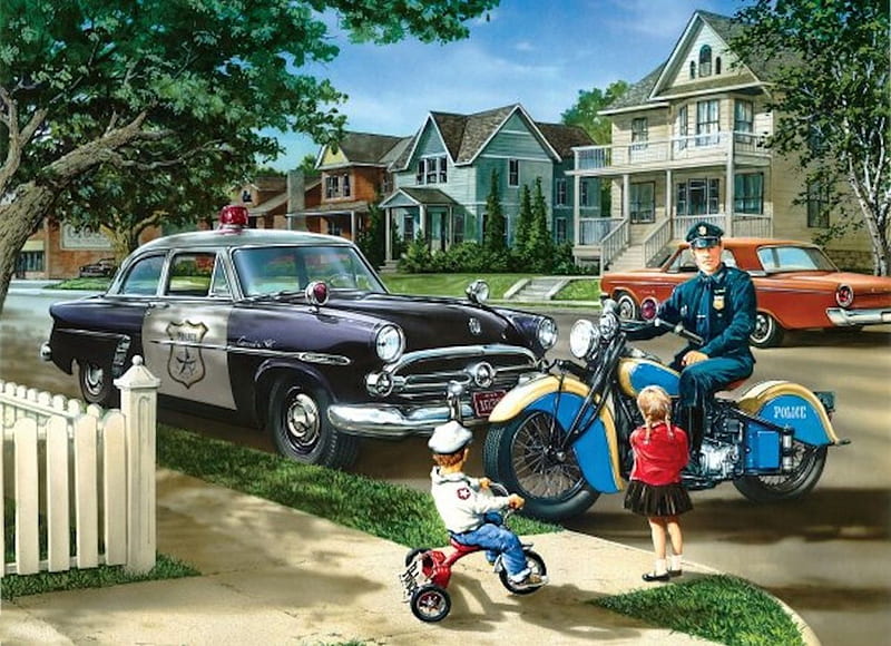 The Neighbourhood Patrol, painting, motorbike, police, police car, HD wallpaper