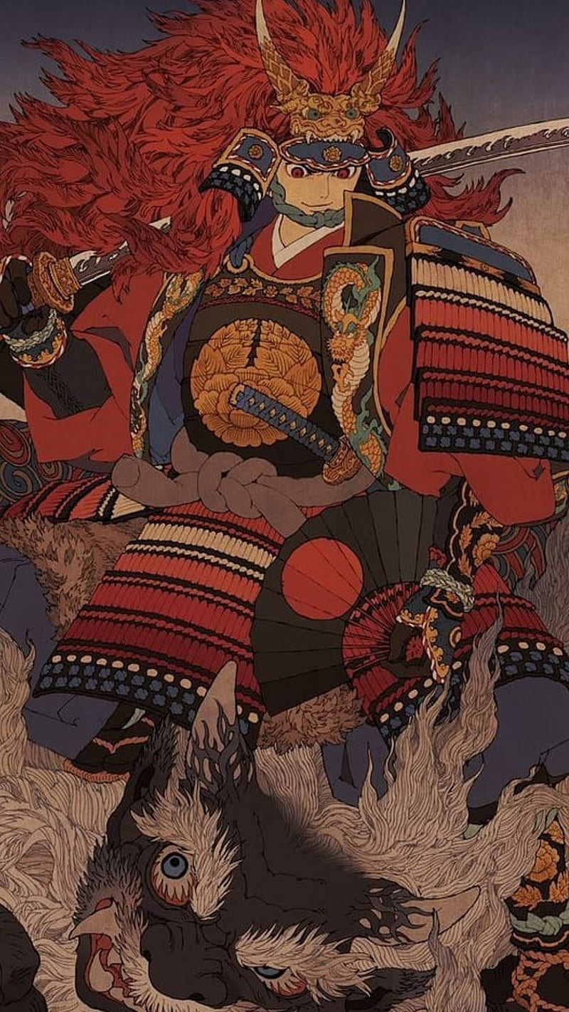 Samurai, devil, monster, oni, red fur, sword, HD phone wallpaper