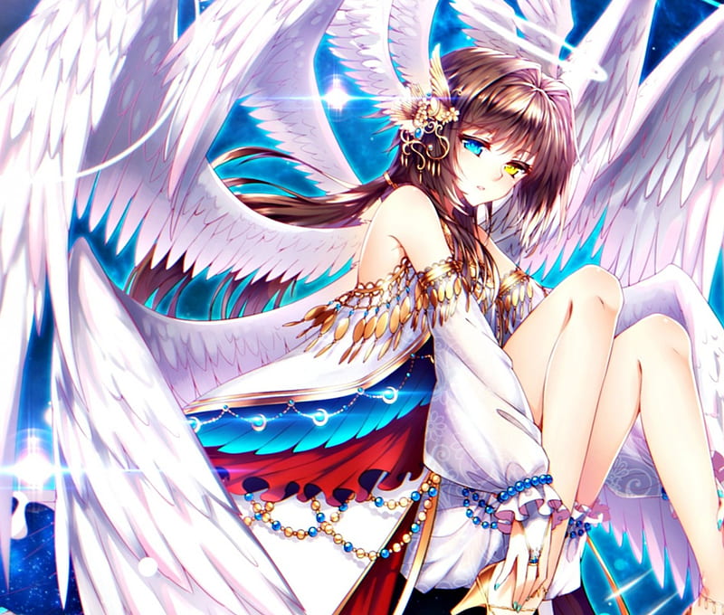 Angel, wings, manga, fantasy, girl, feather, anime, pixiv, white, pink,  blue, HD wallpaper | Peakpx