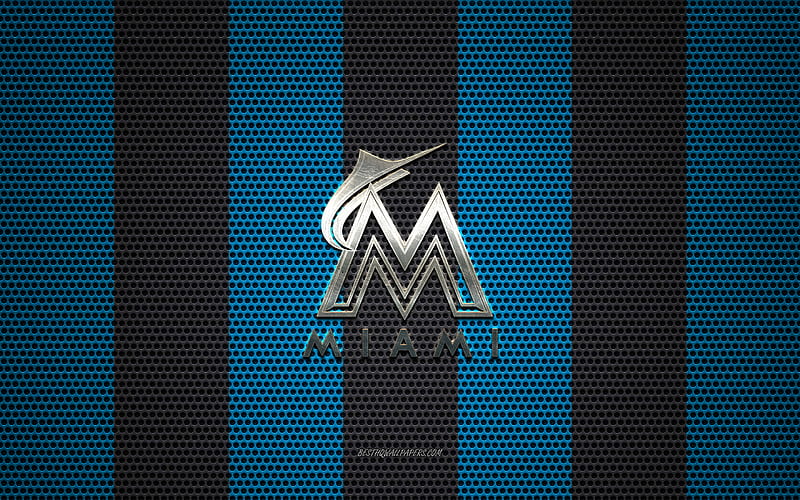 Miami Marlins logo, American baseball club, metal emblem, blue-black metal mesh background, Miami Marlins, MLB, Miami, Florida, USA, baseball, HD wallpaper