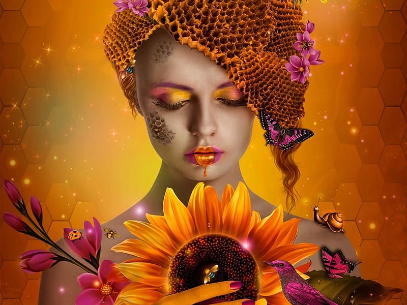 Bzzzz, frumusete, luminos, orange, yellow, sunflower, bee, vara, fantasy, butterfly, girl, silviya, flower, summer, face, pink, HD wallpaper