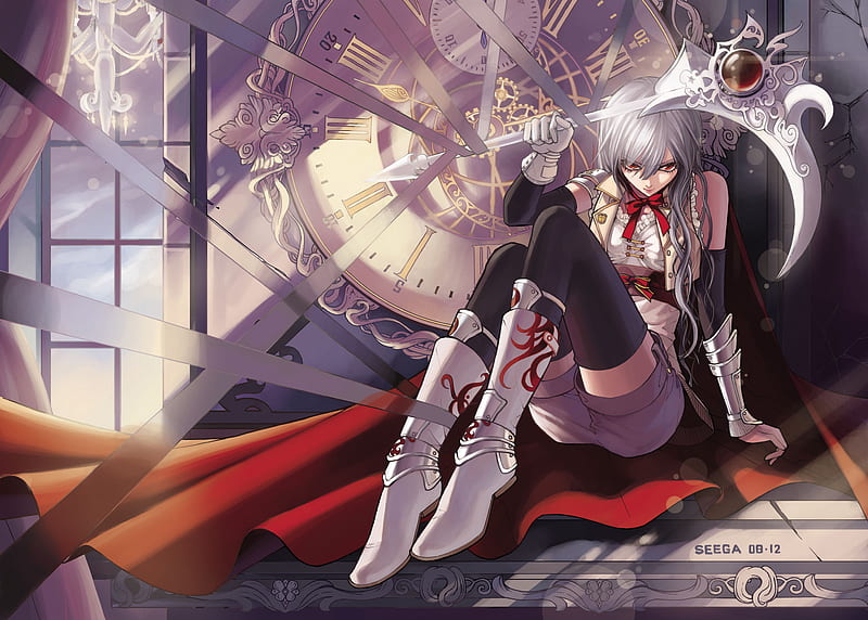 Scythe Timemachine, female, window, boots, ribbon, bow, sexy, thighhighs, armor, gloves, cool, scythe, time machine, hot, sitting, anime girl, HD wallpaper