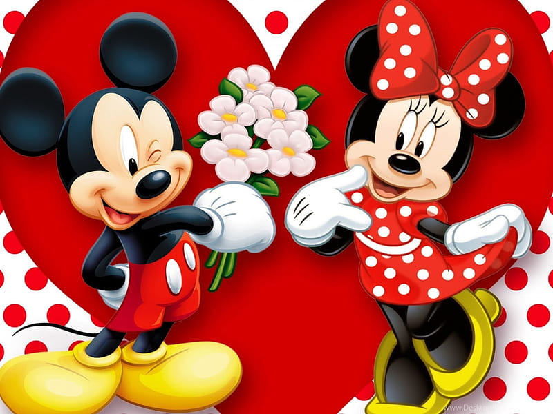 :), fantasy, mickey, red, couple, heart, sweetheart, minnie, poster, valentine, mouse, flower, HD wallpaper