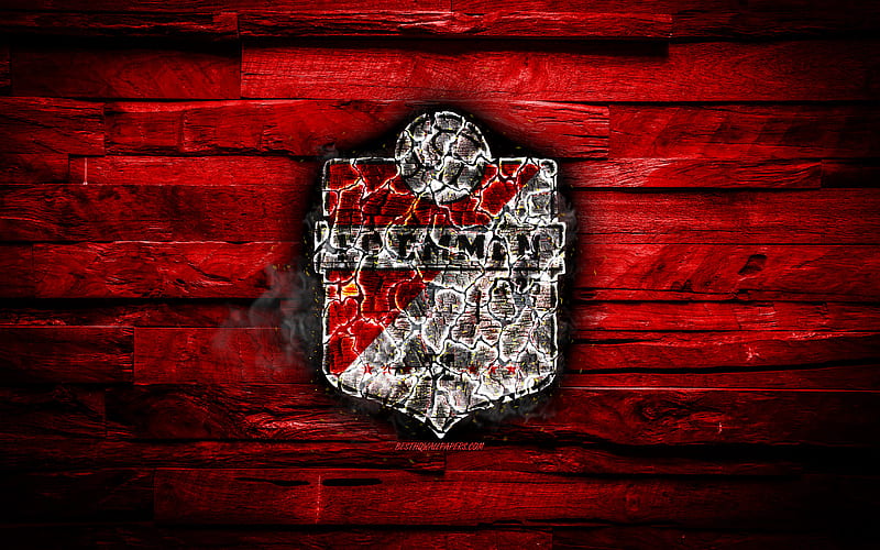 FC Emmen, burning logo, Eredivisie, red wooden background, Dutch football club, grunge, Emmen FC, football, soccer, FC Emmen logo, fire texture, Netherlands, HD wallpaper