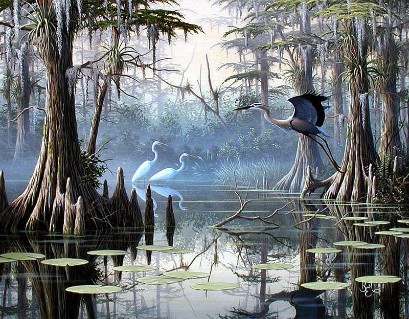 Ben W. Essenburg, Florida. Revisitation, art, tree, bird, ben w essenburg, painting, lake, HD wallpaper