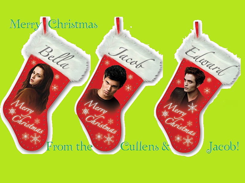 Merry Christmas from The Cullens and Jacob, jacob, stockings, christmas, cullens, twilight, HD wallpaper