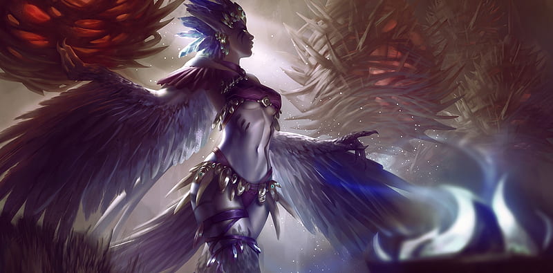 Fantasy girl, wings, luminos, girl, feather, angel, anastasia shestak, harpy, blue, HD wallpaper