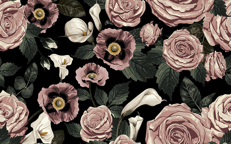 black floral retro texture, retro flowers on a black background, retro texture, floral texture, pink retro flowers, HD wallpaper