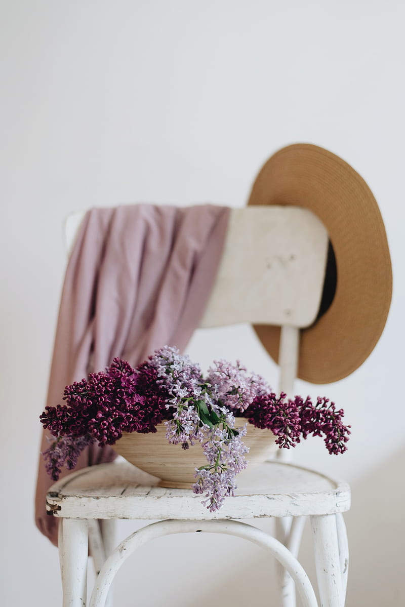 lilac, flowers, pot, chair, hats, aesthetics, HD phone wallpaper