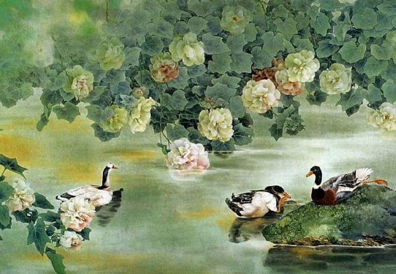 Painted Flowers and Ducks, pretty, art, wings, ducks, birds, painted, bonito, spring, pond, painting, summer, flowers, nature, greem, white, HD wallpaper