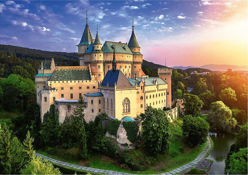Bojnice Castle, Slovakia, forest, sunrise, sky, fairytale castle, hills, HD wallpaper