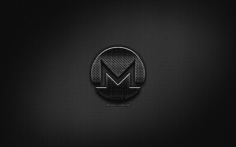 Monero black logo, cryptocurrency, grid metal background, Monero, artwork, creative, cryptocurrency signs, Monero logo, HD wallpaper