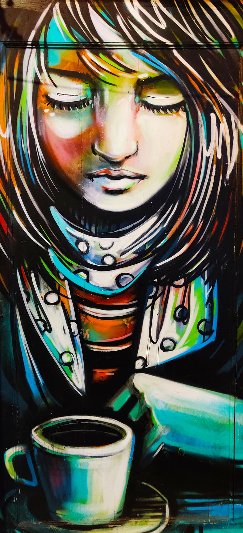 girl, cup, graffiti, art, mural, HD phone wallpaper
